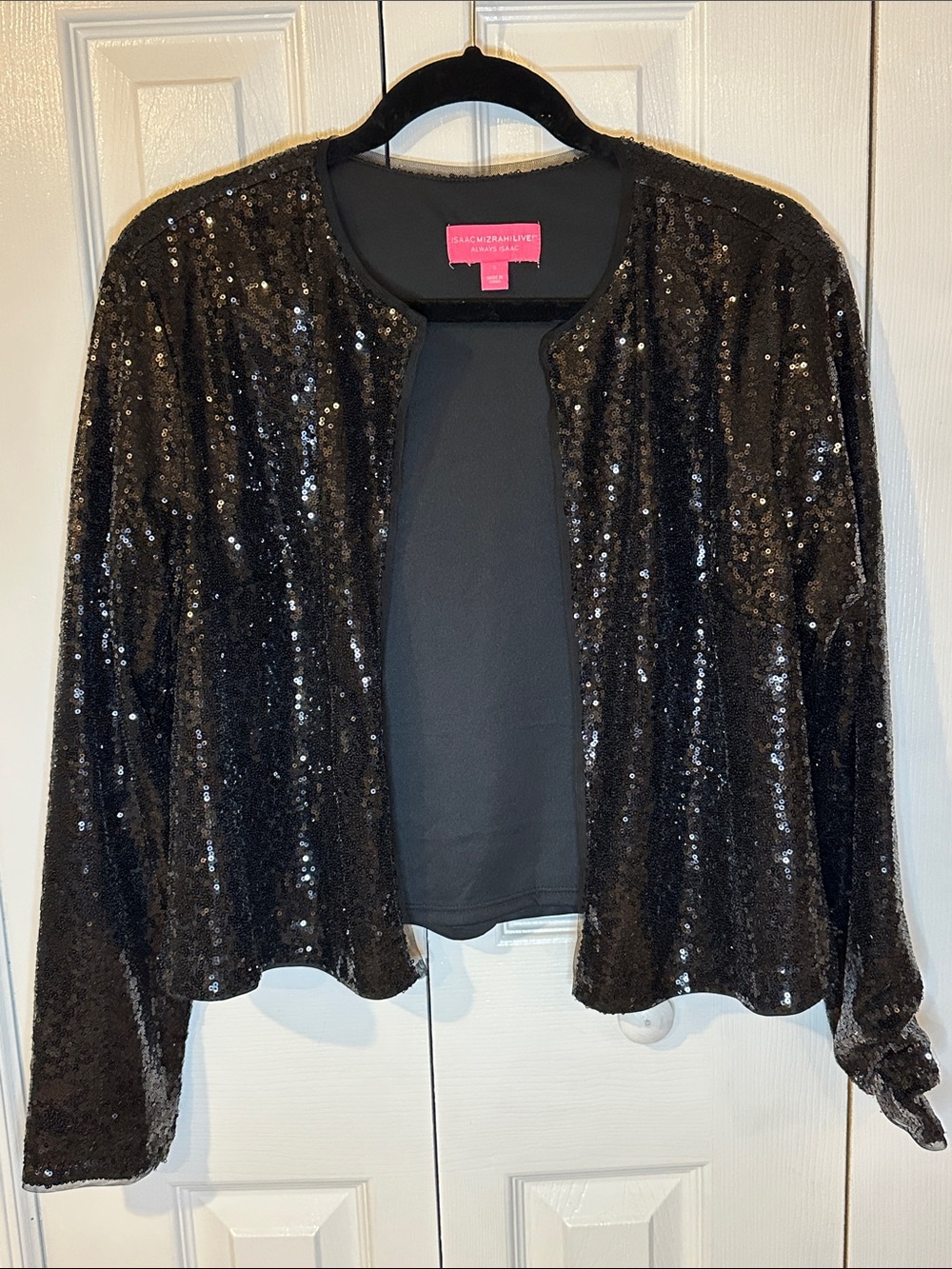 Isaac Mizrahi Black Sequin Open-Front Jacket